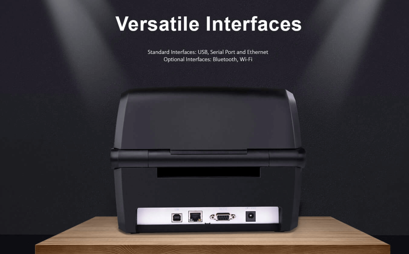 Back view of a printer kode batang showing multiple interface ports like USB, Serial, and Ethernet.