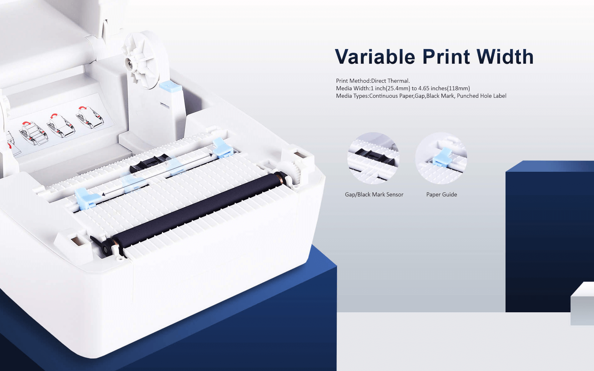 An open printer kode batang showing its internal components like the paper guide and sensor.